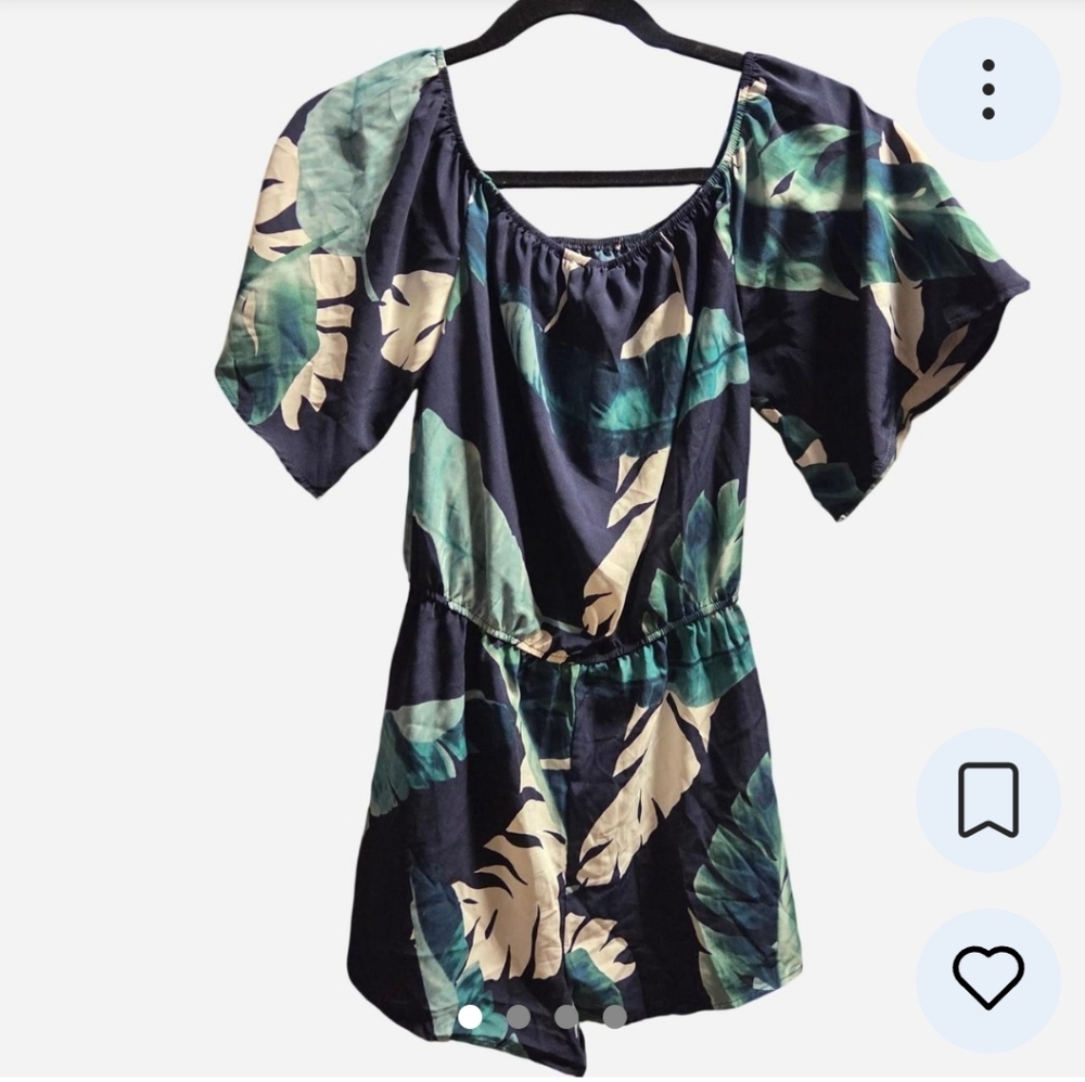 love J Navy Romper with Green and Cream Tropical Leaves